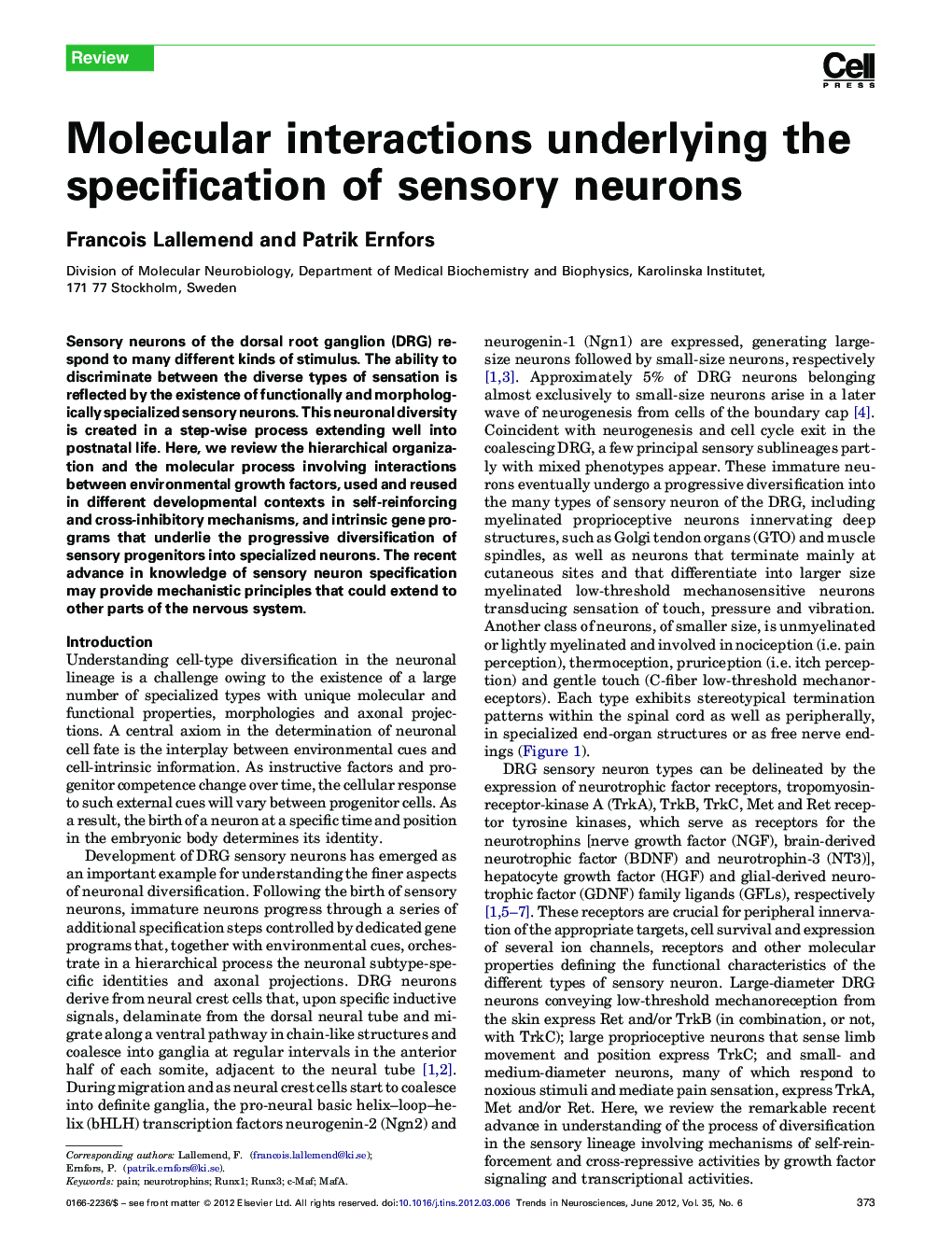 Molecular interactions underlying the specification of sensory neurons