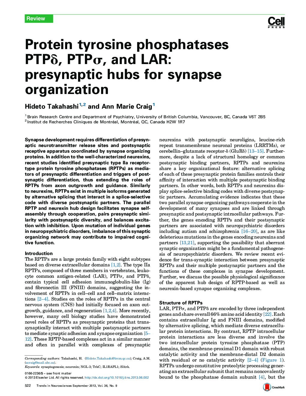 Protein tyrosine phosphatases PTPδ, PTPσ, and LAR: presynaptic hubs for synapse organization
