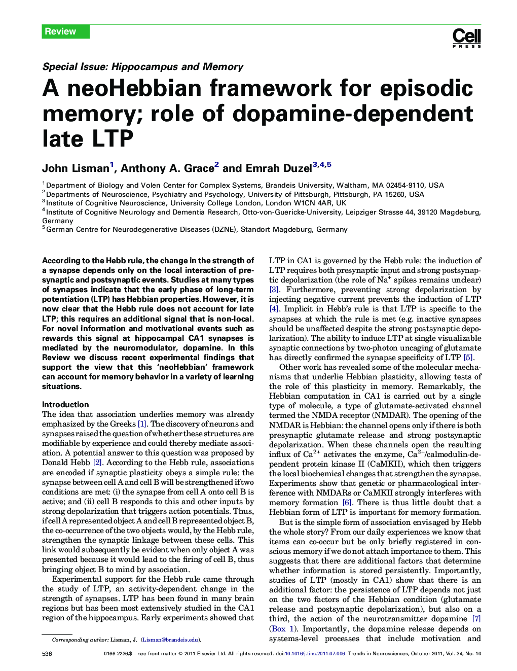 A neoHebbian framework for episodic memory; role of dopamine-dependent late LTP