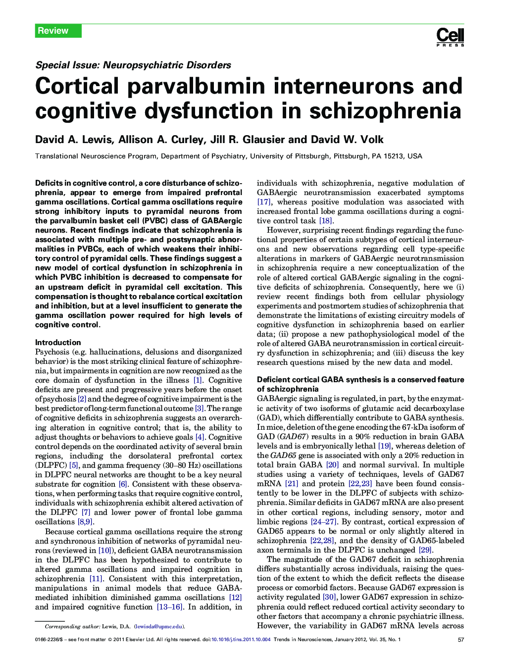 Cortical parvalbumin interneurons and cognitive dysfunction in schizophrenia