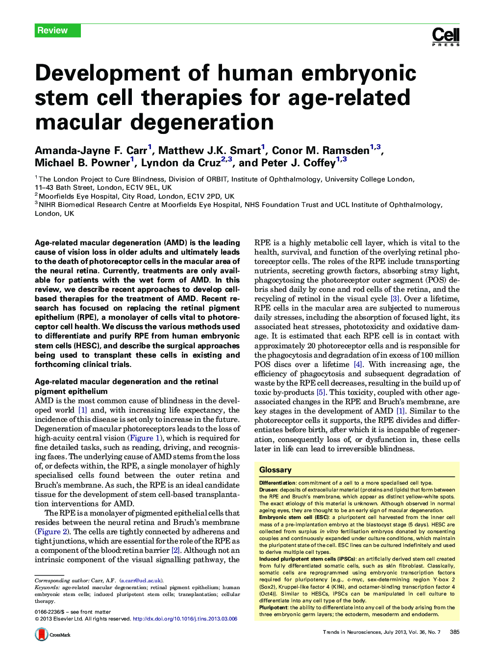 Development of human embryonic stem cell therapies for age-related macular degeneration