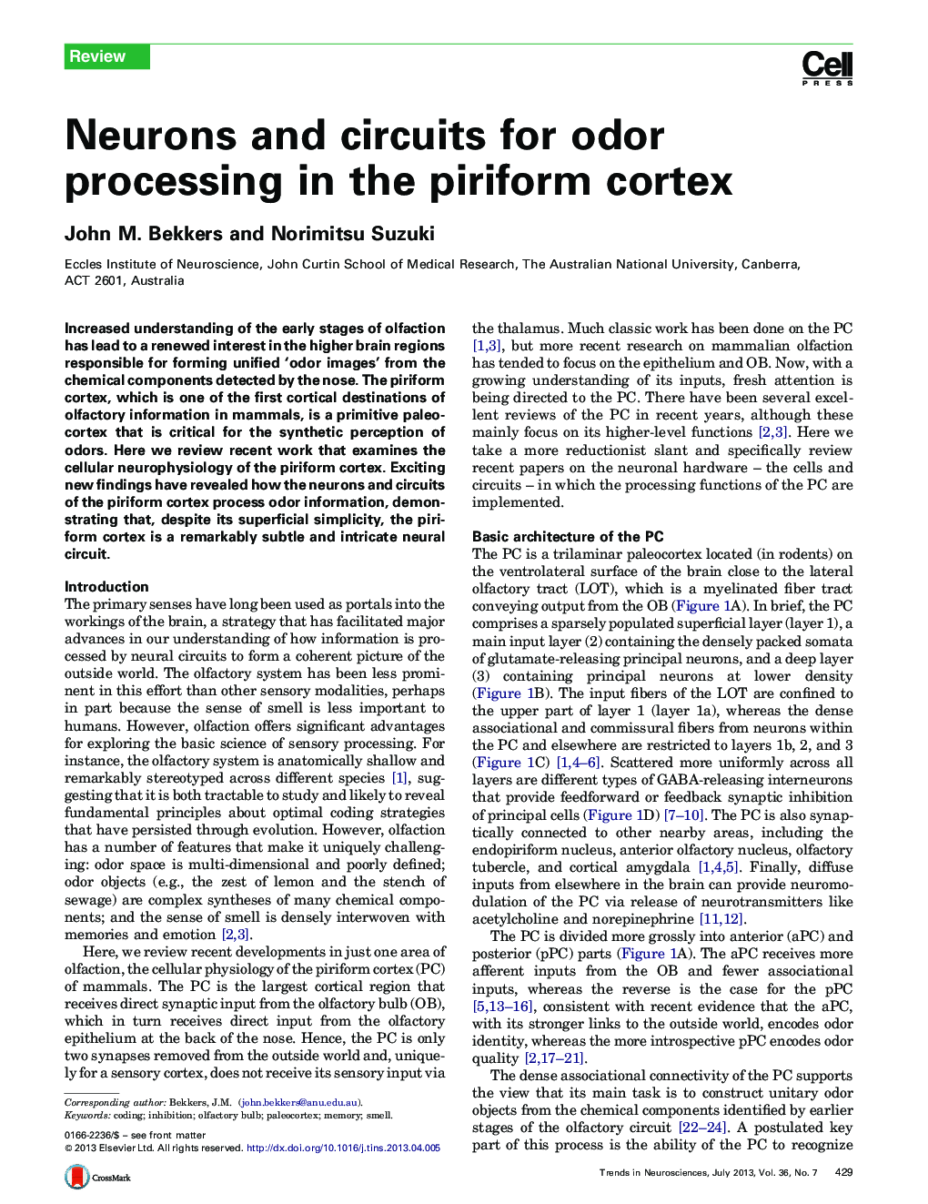 Neurons and circuits for odor processing in the piriform cortex
