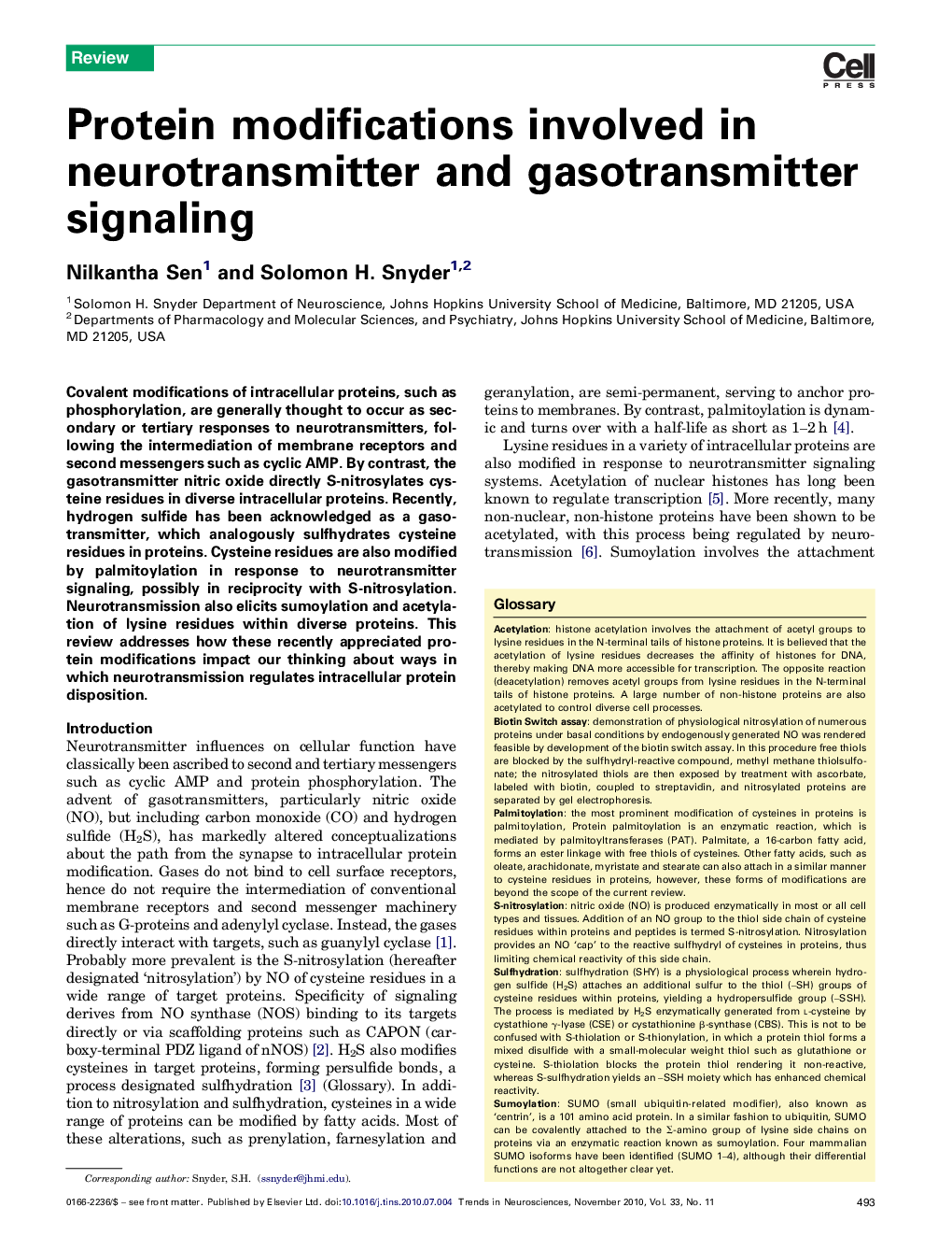 Protein modifications involved in neurotransmitter and gasotransmitter signaling