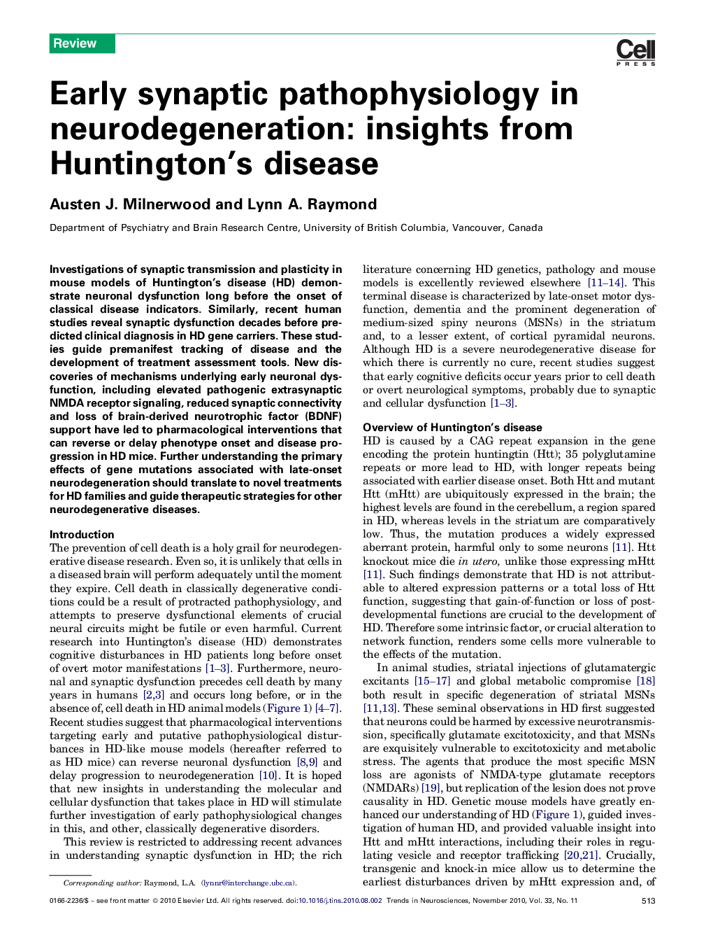 Early synaptic pathophysiology in neurodegeneration: insights from Huntington's disease