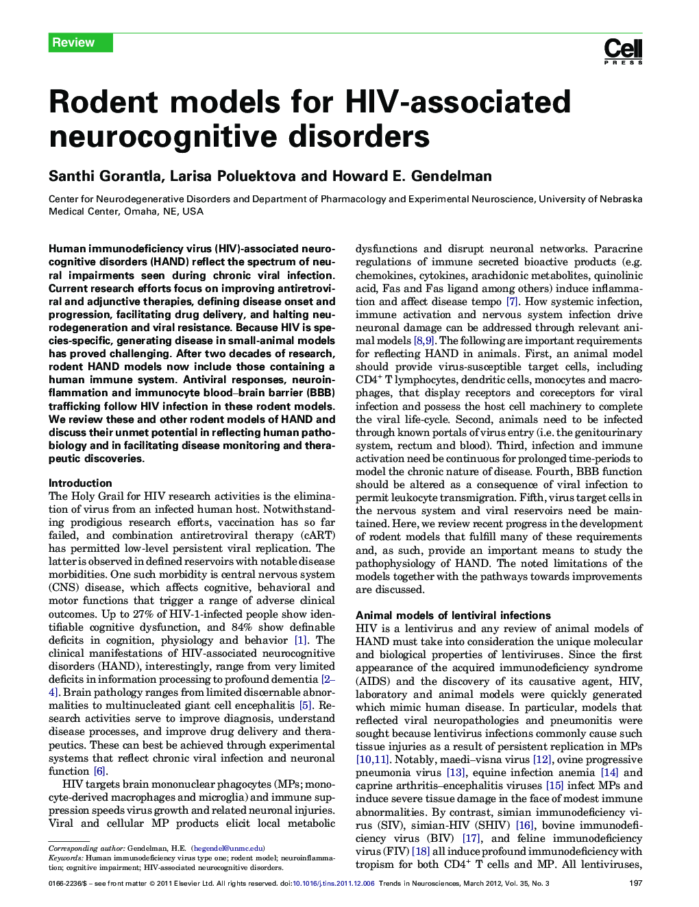 Rodent models for HIV-associated neurocognitive disorders