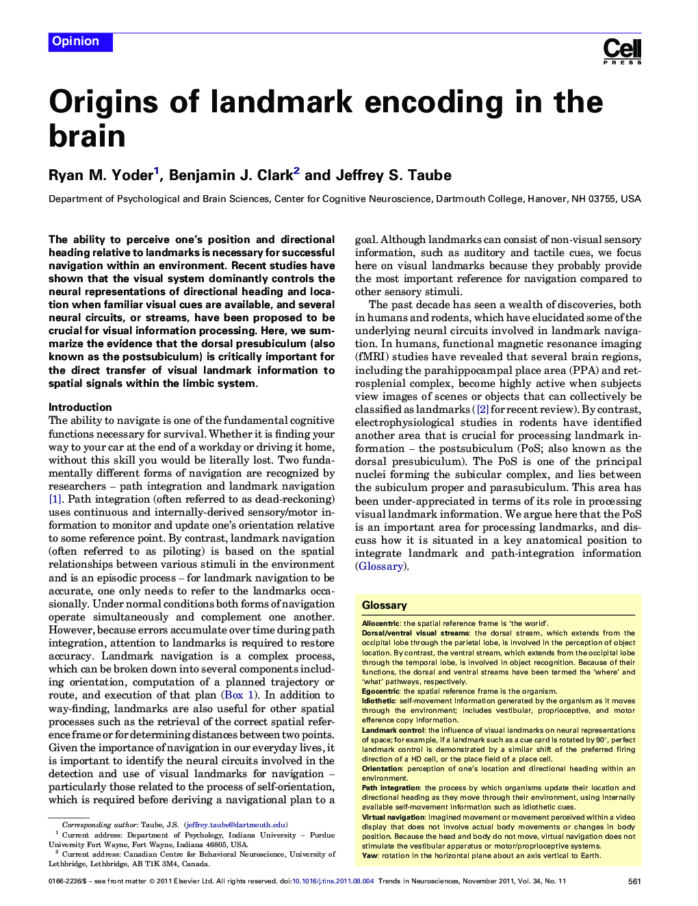 Origins of landmark encoding in the brain