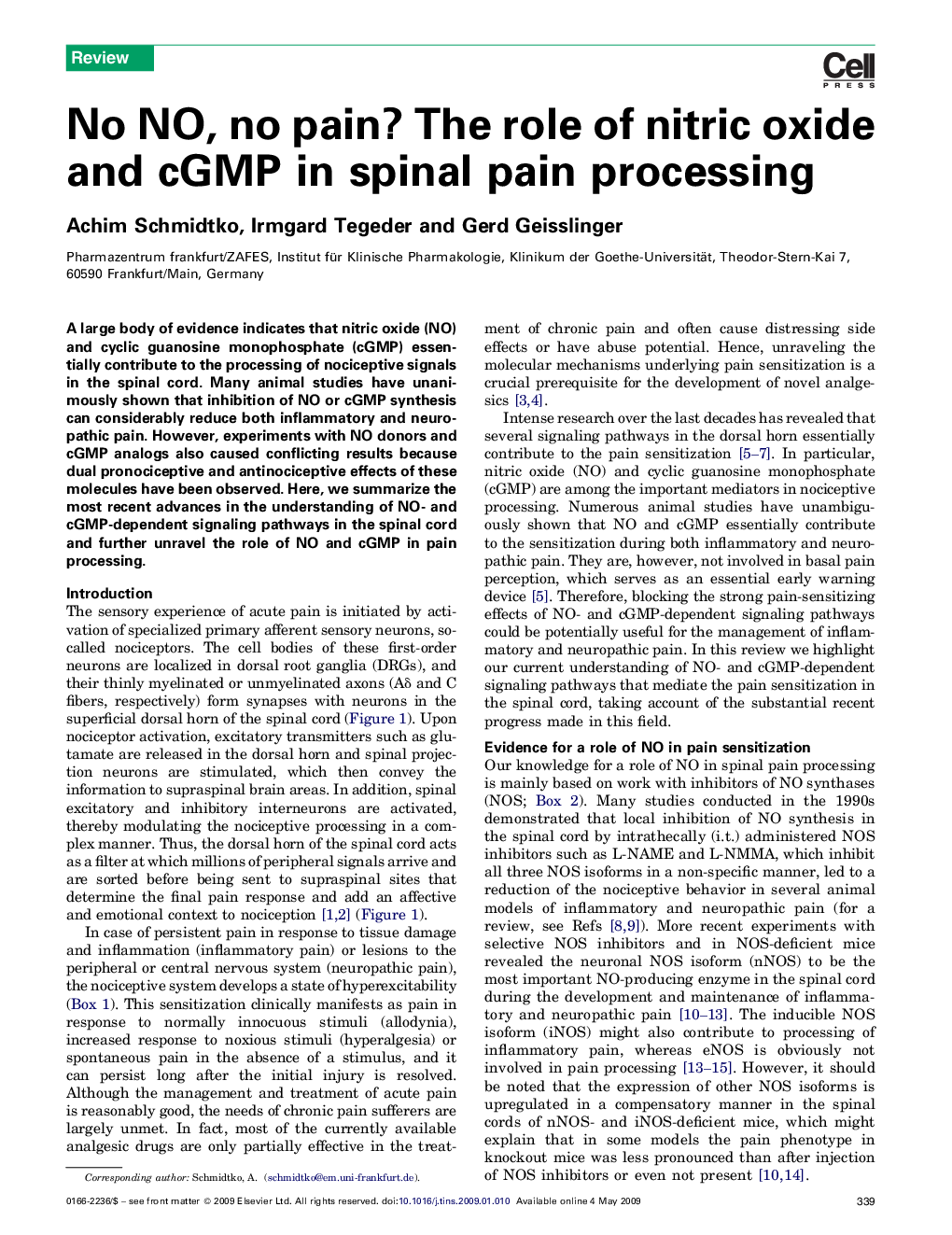 No NO, no pain? The role of nitric oxide and cGMP in spinal pain processing