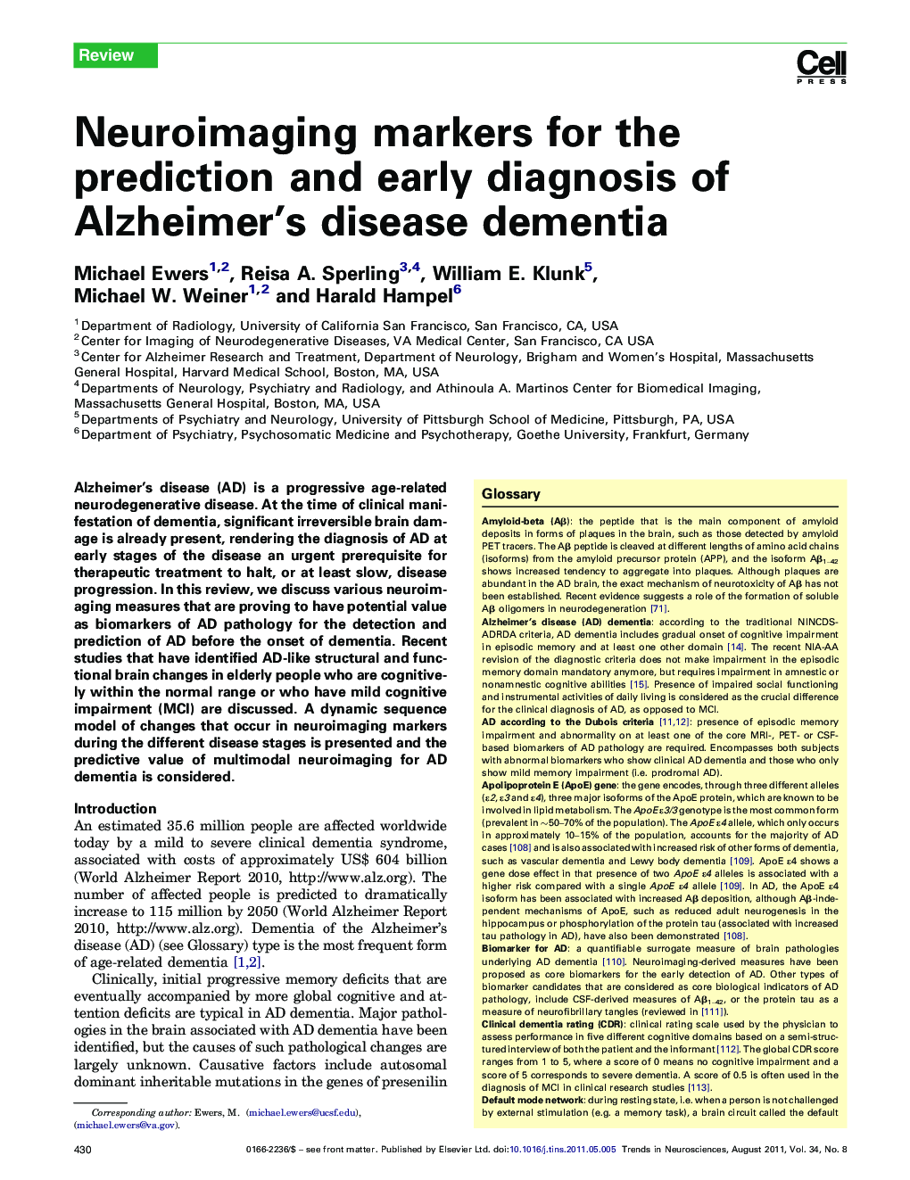 Neuroimaging markers for the prediction and early diagnosis of Alzheimer's disease dementia
