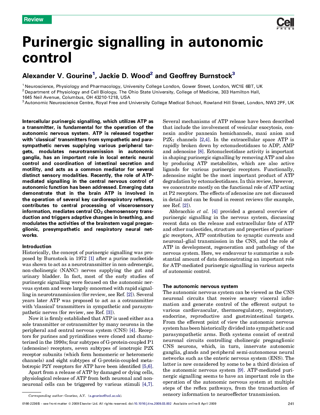 Purinergic signalling in autonomic control