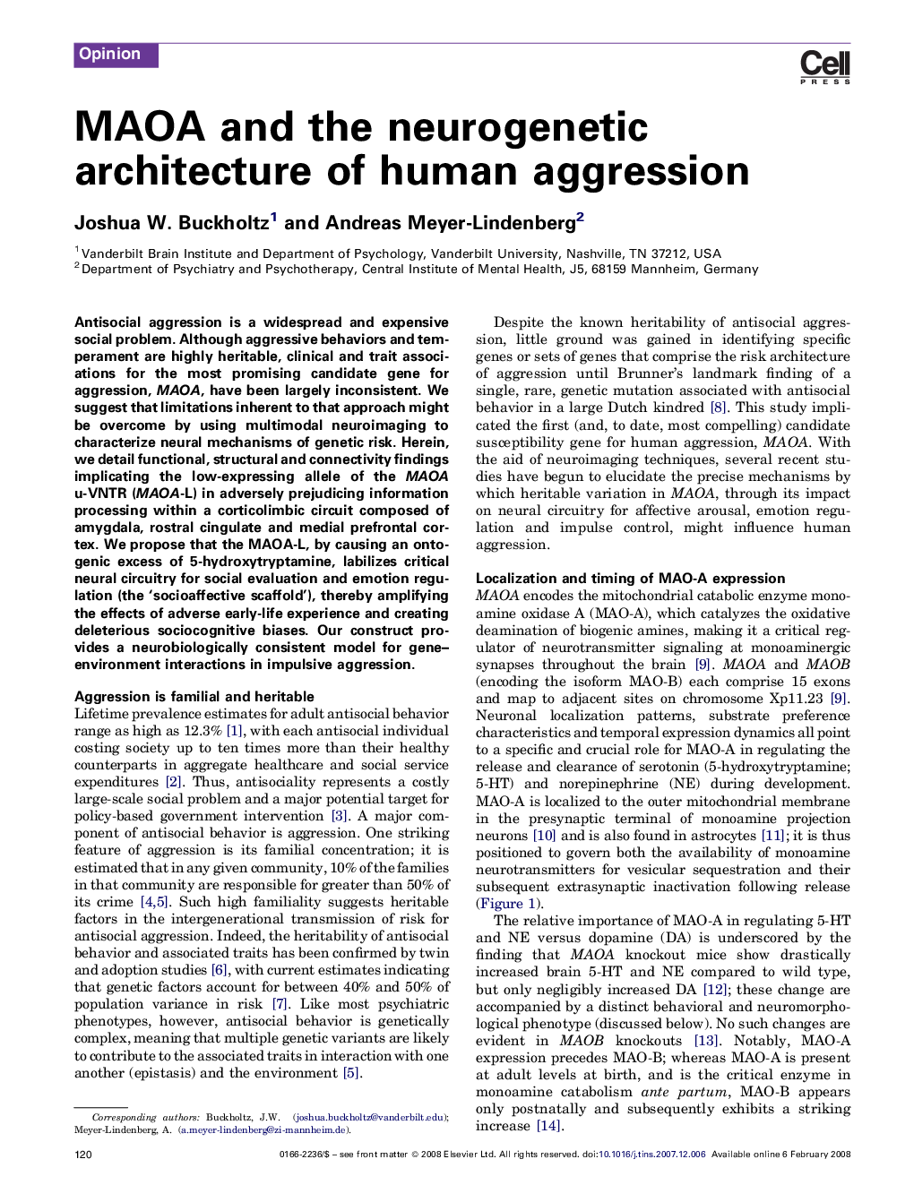 MAOA and the neurogenetic architecture of human aggression