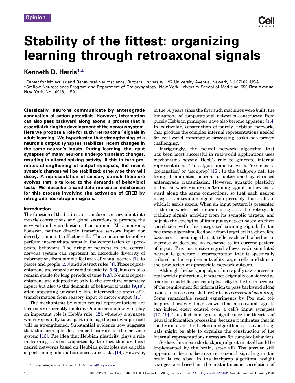 Stability of the fittest: organizing learning through retroaxonal signals