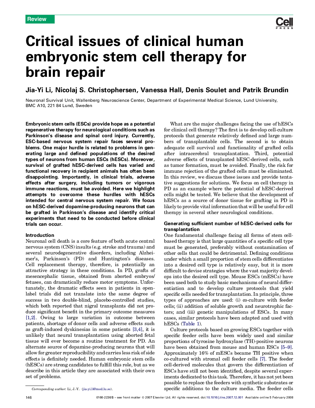 Critical issues of clinical human embryonic stem cell therapy for brain repair