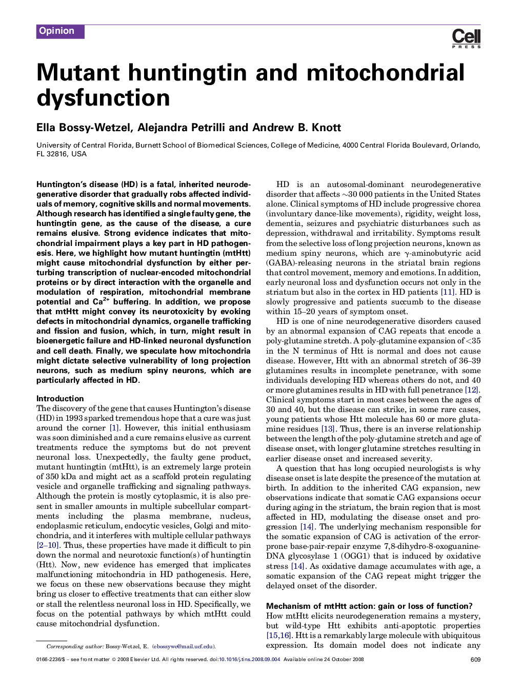 Mutant huntingtin and mitochondrial dysfunction