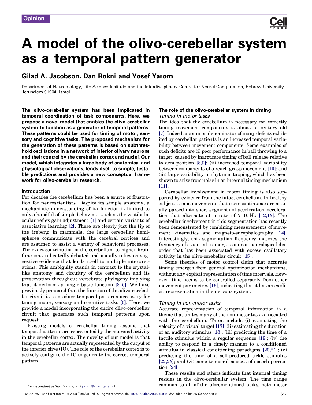 A model of the olivo-cerebellar system as a temporal pattern generator