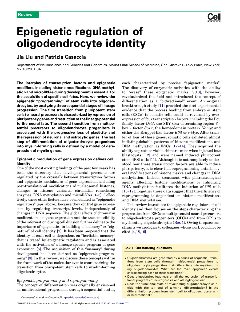 Epigenetic regulation of oligodendrocyte identity