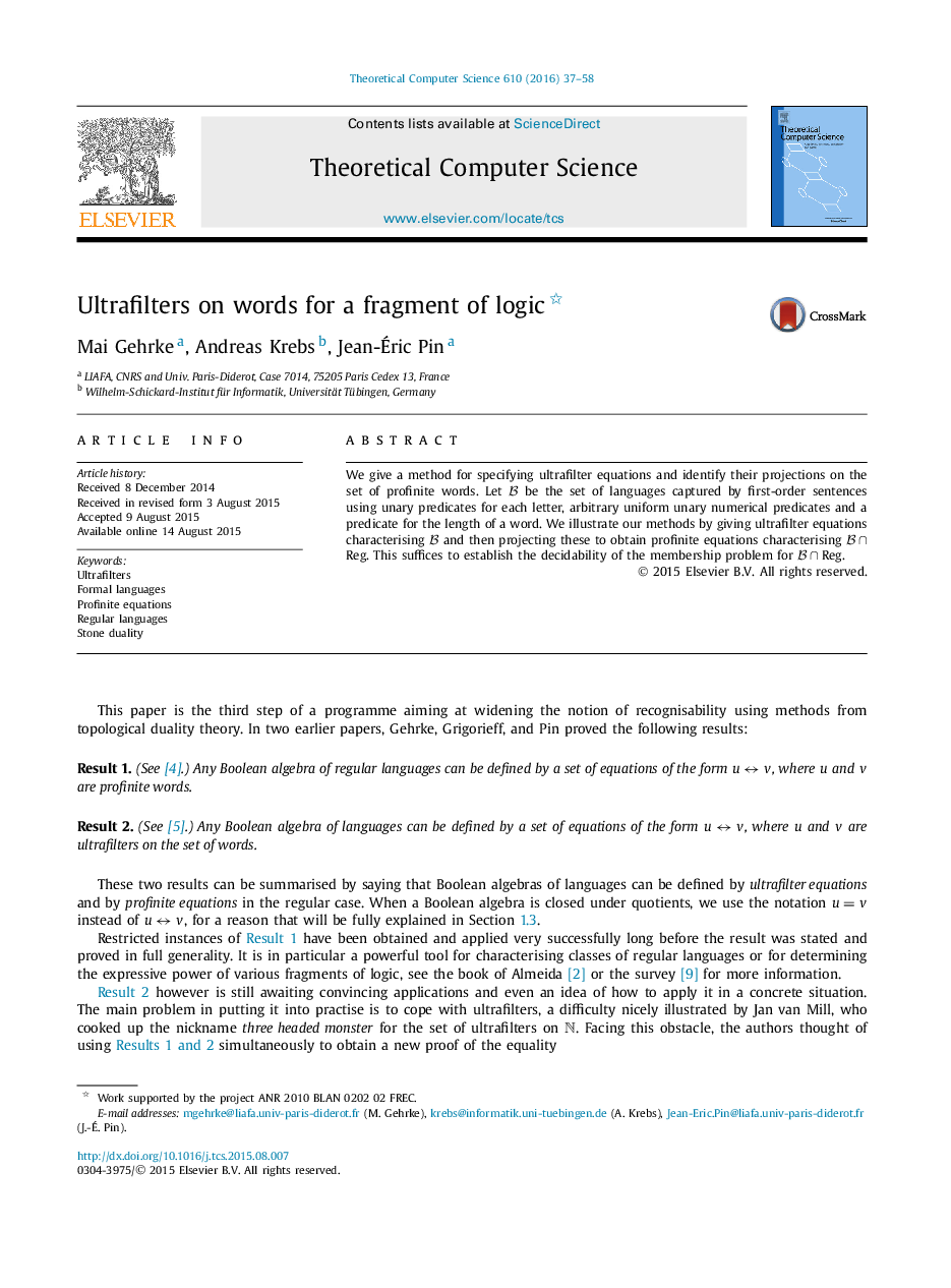 Ultrafilters on words for a fragment of logic 