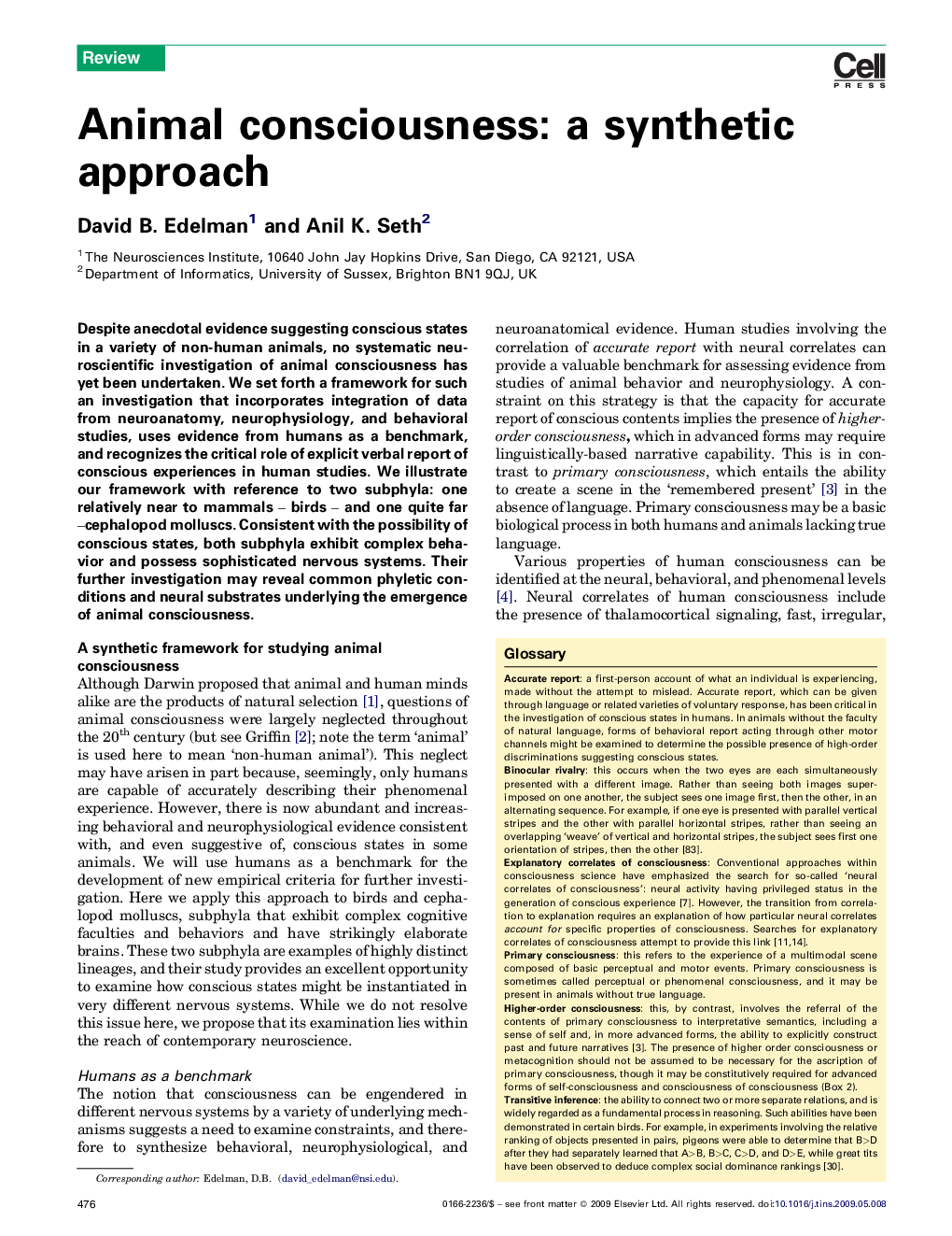 Animal consciousness: a synthetic approach