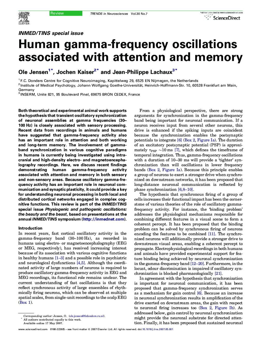 Human gamma-frequency oscillations associated with attention and memory