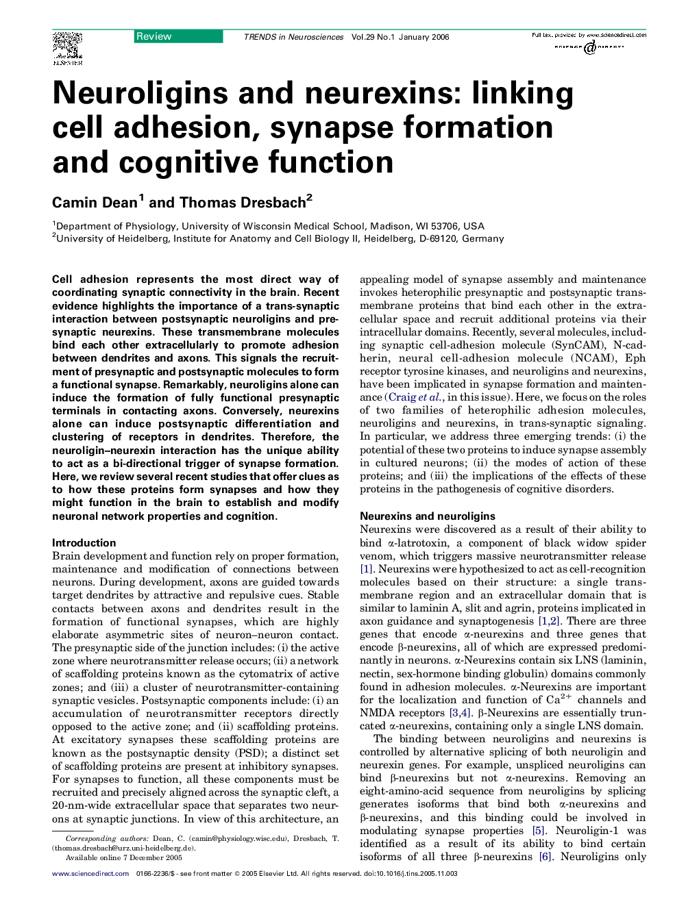 Neuroligins and neurexins: linking cell adhesion, synapse formation and cognitive function