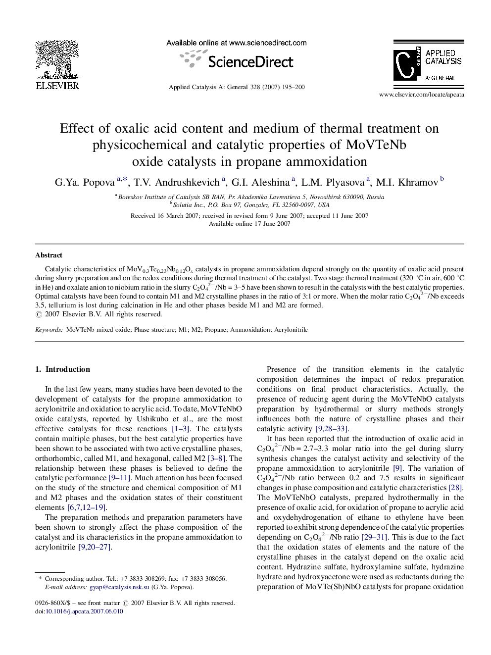 Effect of oxalic acid content and medium of thermal treatment on physicochemical and catalytic properties of MoVTeNb oxide catalysts in propane ammoxidation