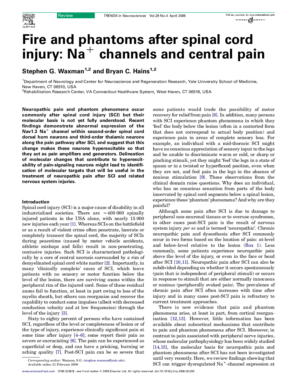 Fire and phantoms after spinal cord injury: Na+ channels and central pain