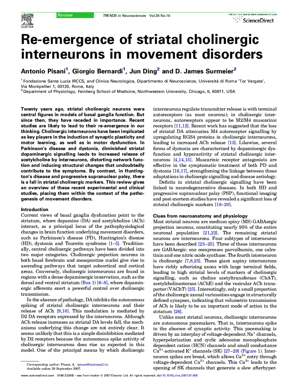 Re-emergence of striatal cholinergic interneurons in movement disorders