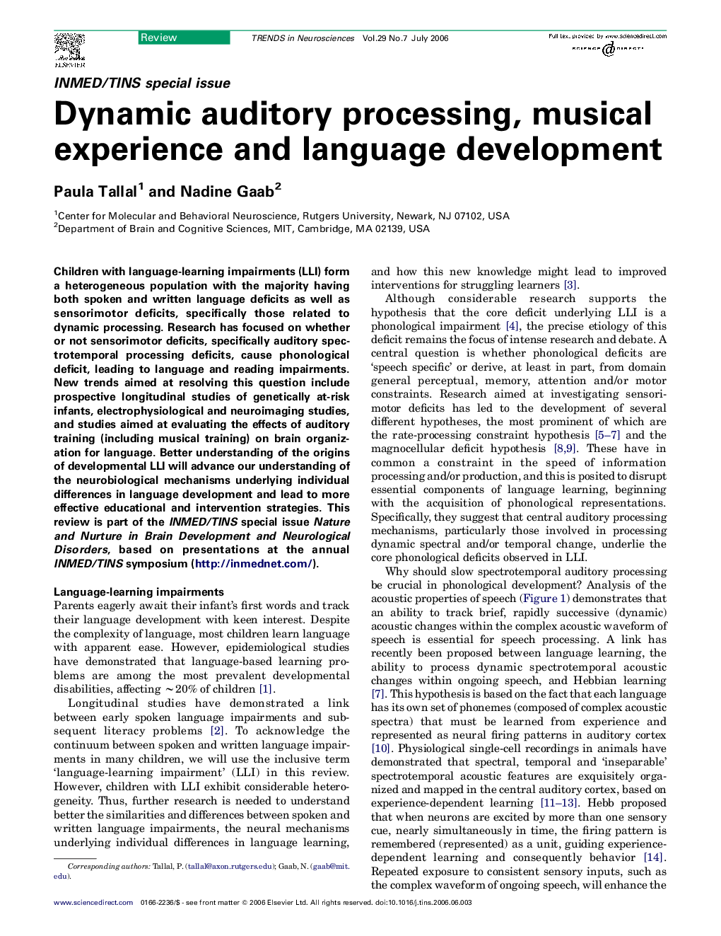 Dynamic auditory processing, musical experience and language development