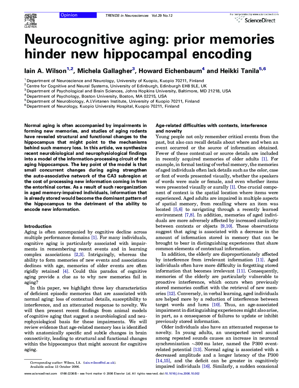 Neurocognitive aging: prior memories hinder new hippocampal encoding