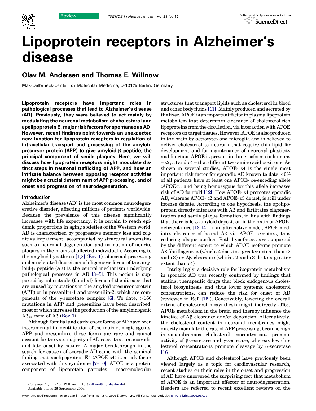 Lipoprotein receptors in Alzheimer's disease