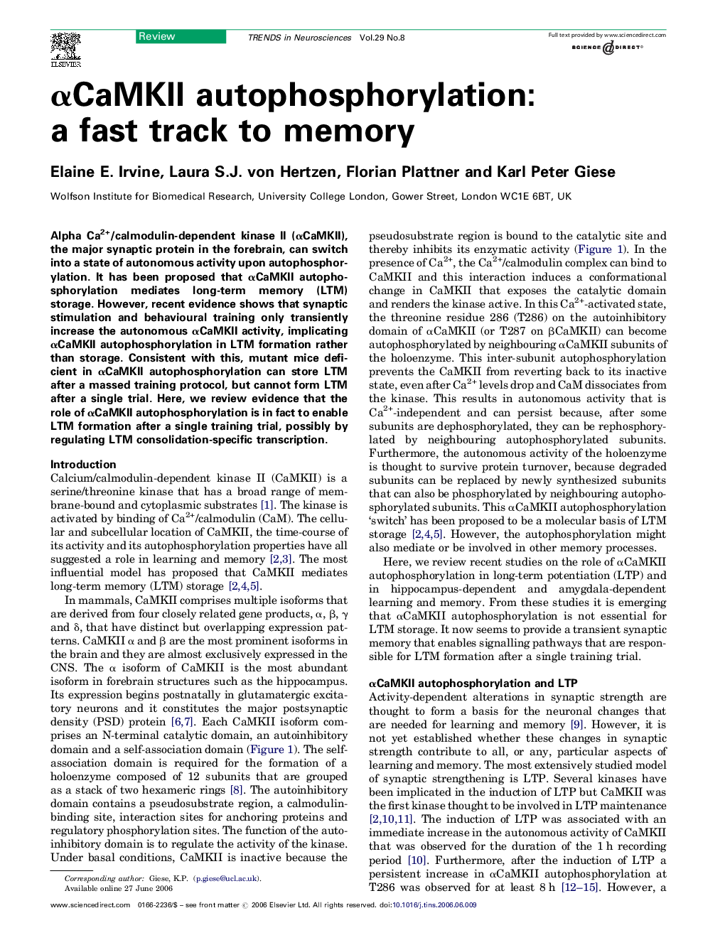 αCaMKII autophosphorylation: a fast track to memory