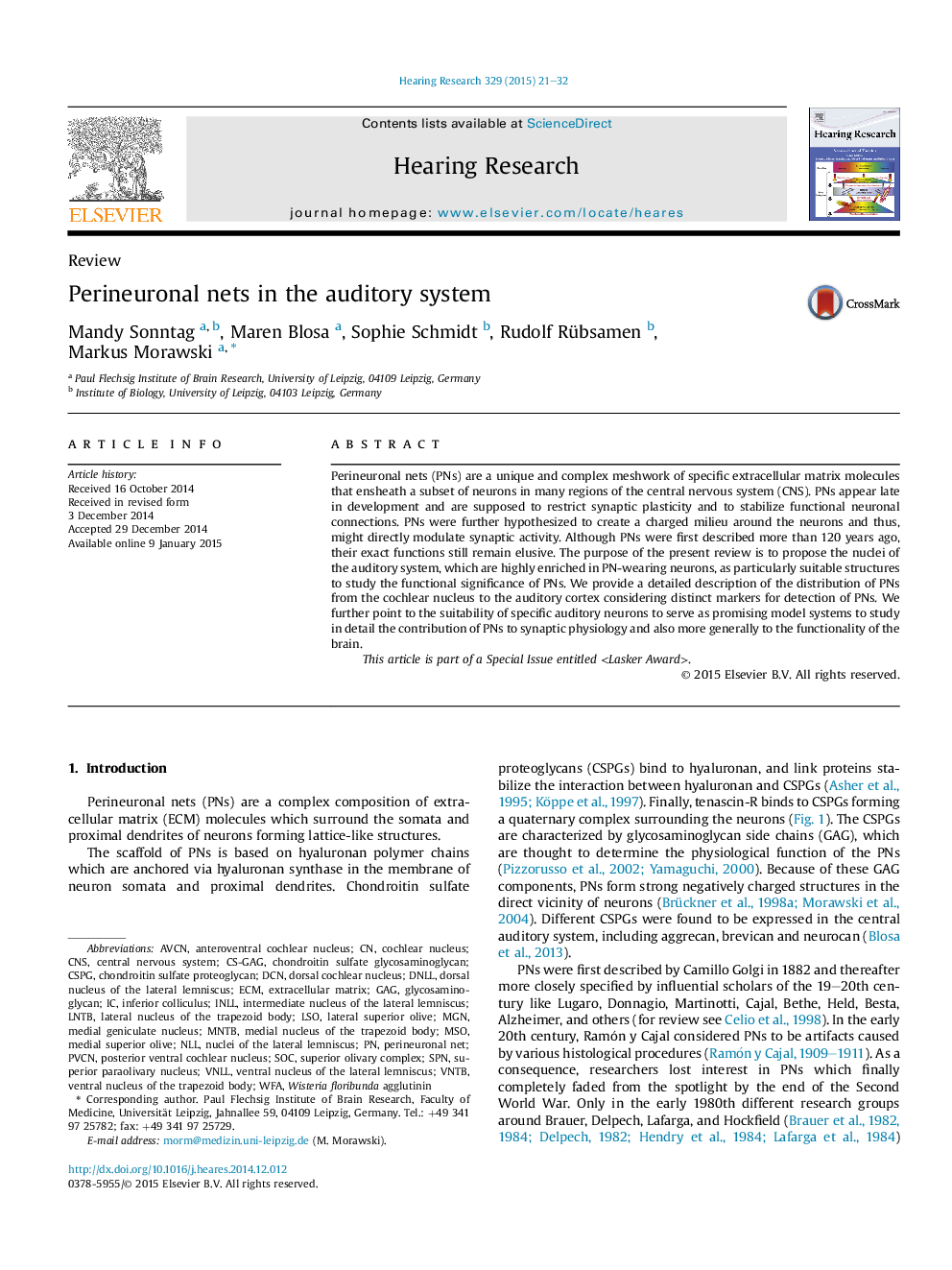 Perineuronal nets in the auditory system