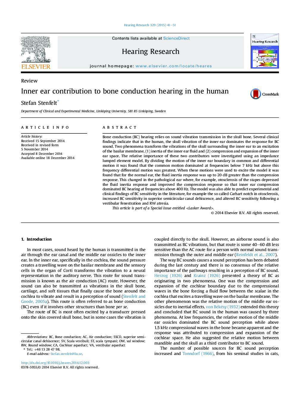 Inner ear contribution to bone conduction hearing in the human