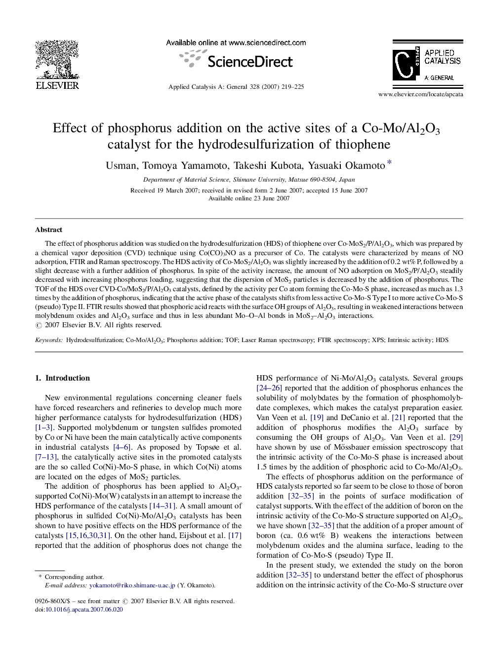 Effect of phosphorus addition on the active sites of a Co-Mo/Al2O3 catalyst for the hydrodesulfurization of thiophene