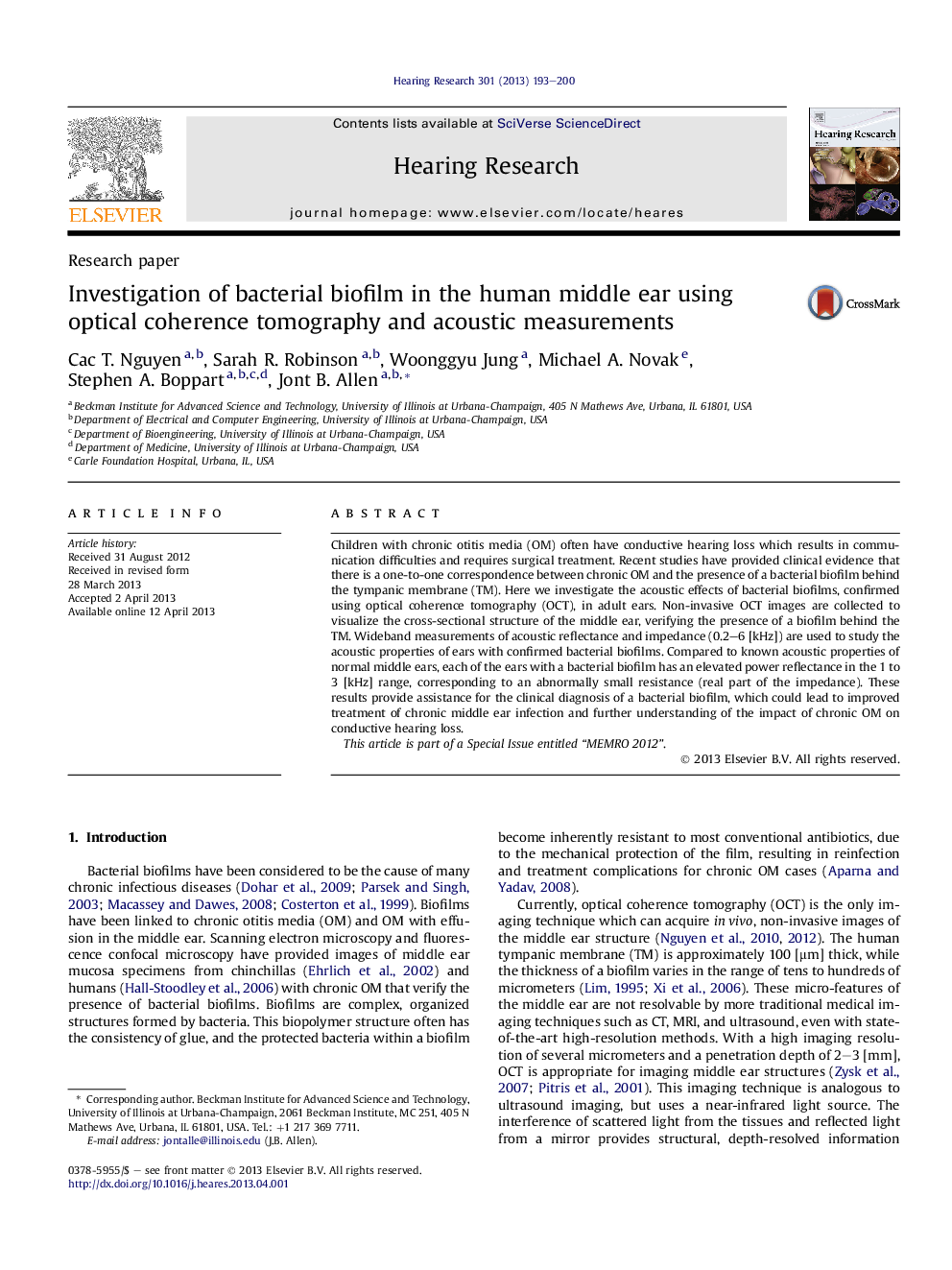 Investigation of bacterial biofilm in the human middle ear using optical coherence tomography and acoustic measurements