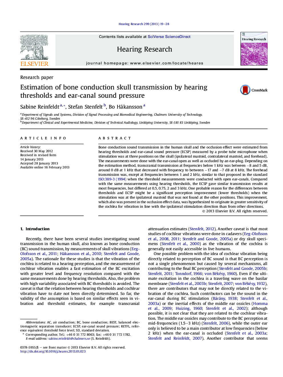 Estimation of bone conduction skull transmission by hearing thresholds and ear-canal sound pressure