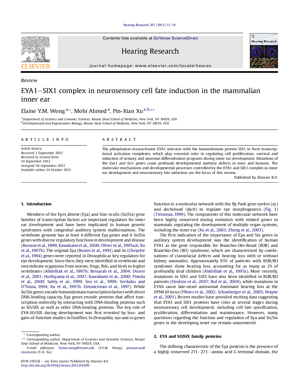 عکس صفحه اول مقاله: EYA1–SIX1 complex in neurosensory cell fate induction in the mammalian inner ear EYA1–SIX1 complex in neurosensory cell fate induction in the mammalian inner ear