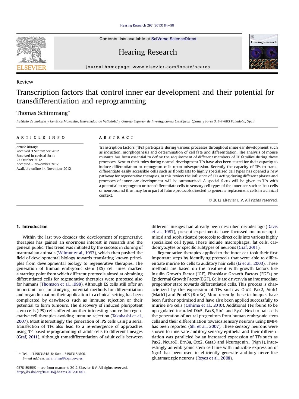 عکس صفحه اول مقاله: Transcription factors that control inner ear development and their potential for transdifferentiation and reprogramming Transcription factors that control inner ear development and their potential for transdifferentiation and reprogramming