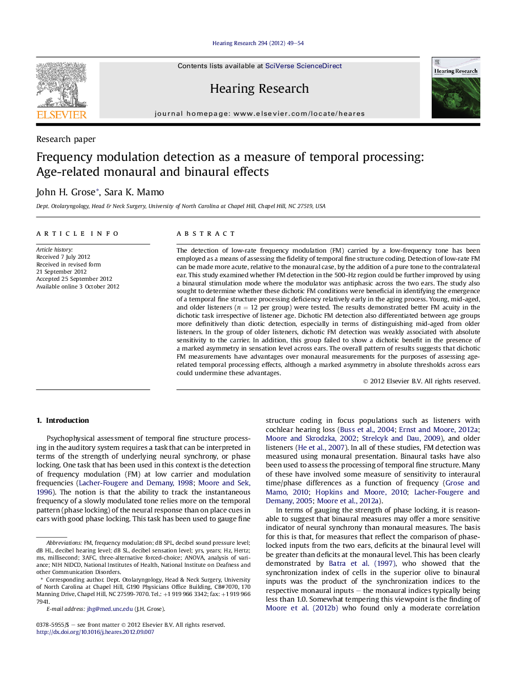 Frequency modulation detection as a measure of temporal processing: Age-related monaural and binaural effects