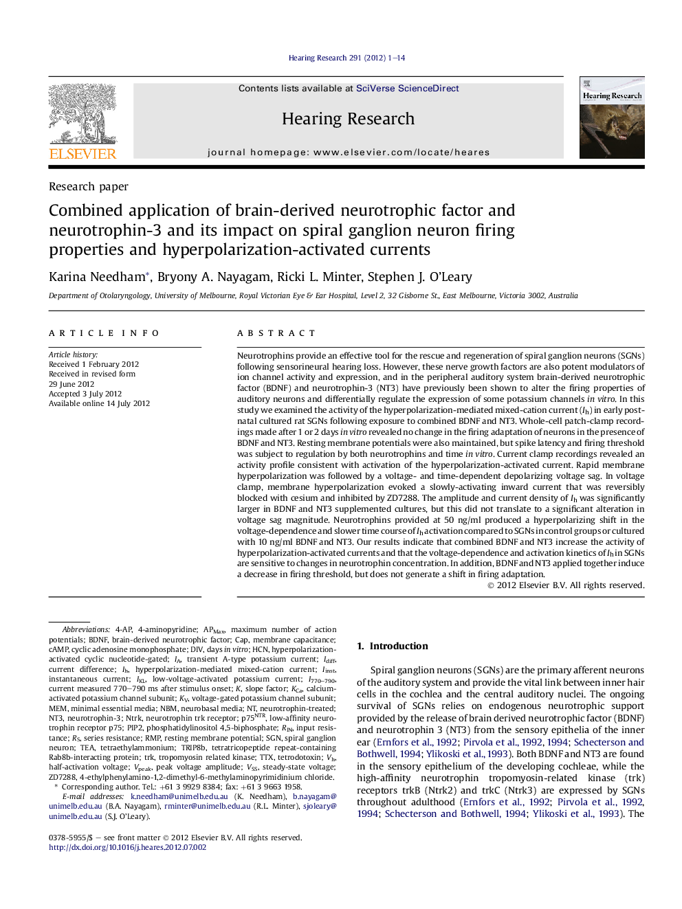 Combined application of brain-derived neurotrophic factor and neurotrophin-3 and its impact on spiral ganglion neuron firing properties and hyperpolarization-activated currents