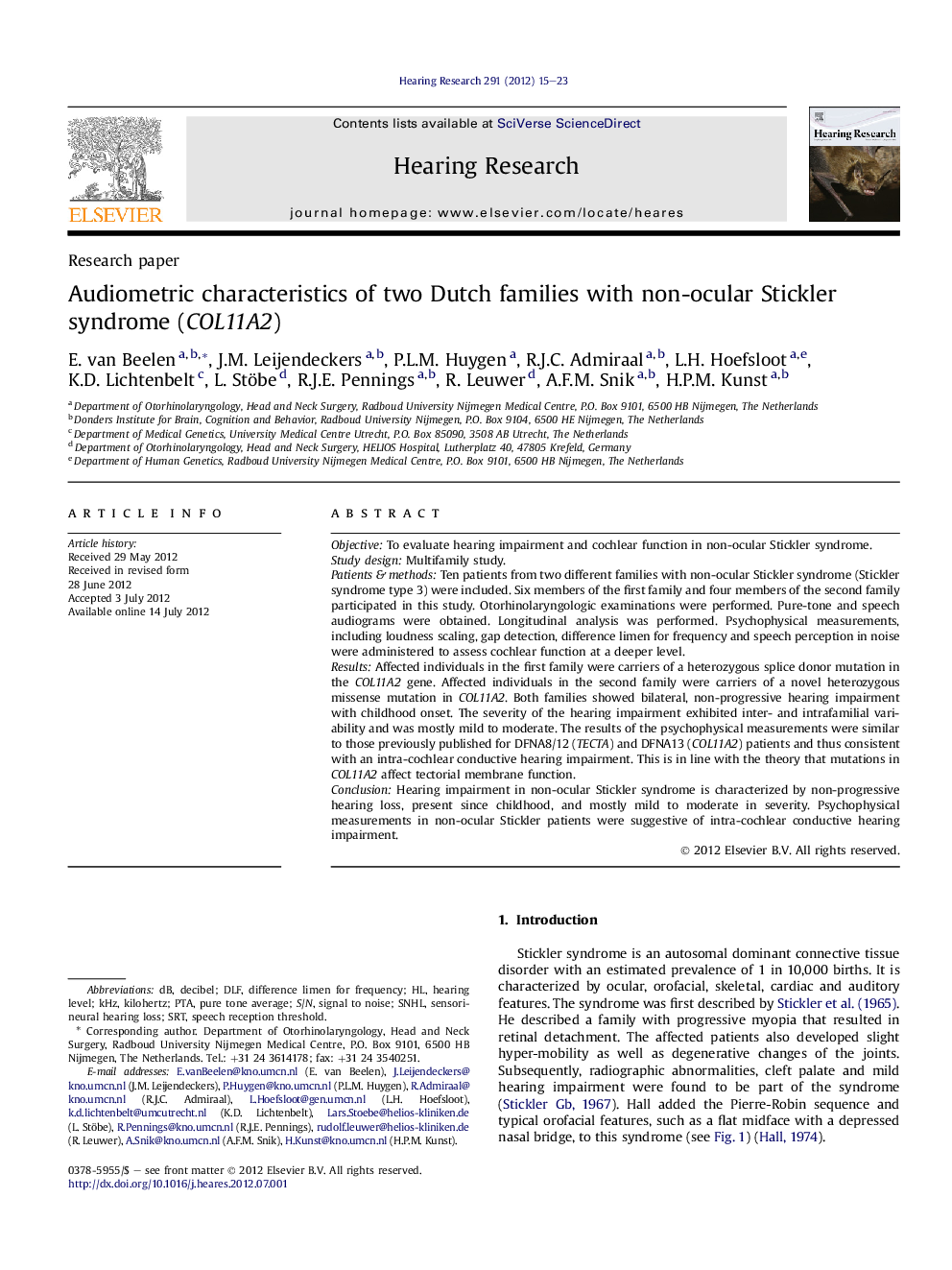 Audiometric characteristics of two Dutch families with non-ocular Stickler syndrome (COL11A2)