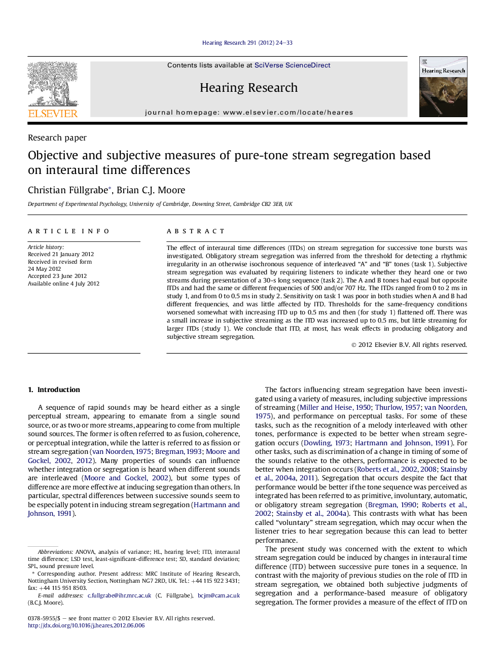 Objective and subjective measures of pure-tone stream segregation based on interaural time differences