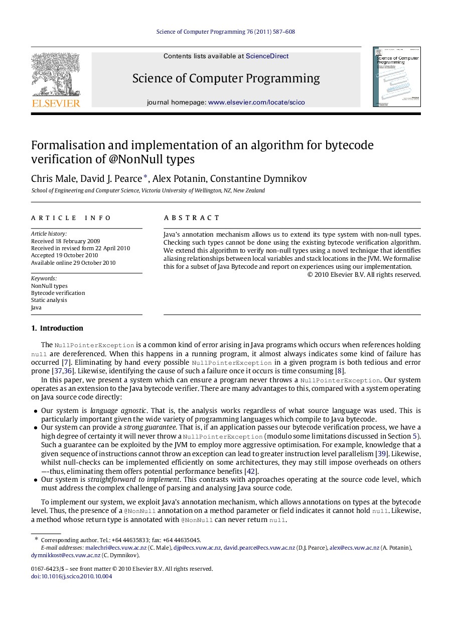 Formalisation and implementation of an algorithm for bytecode verification of @NonNull types