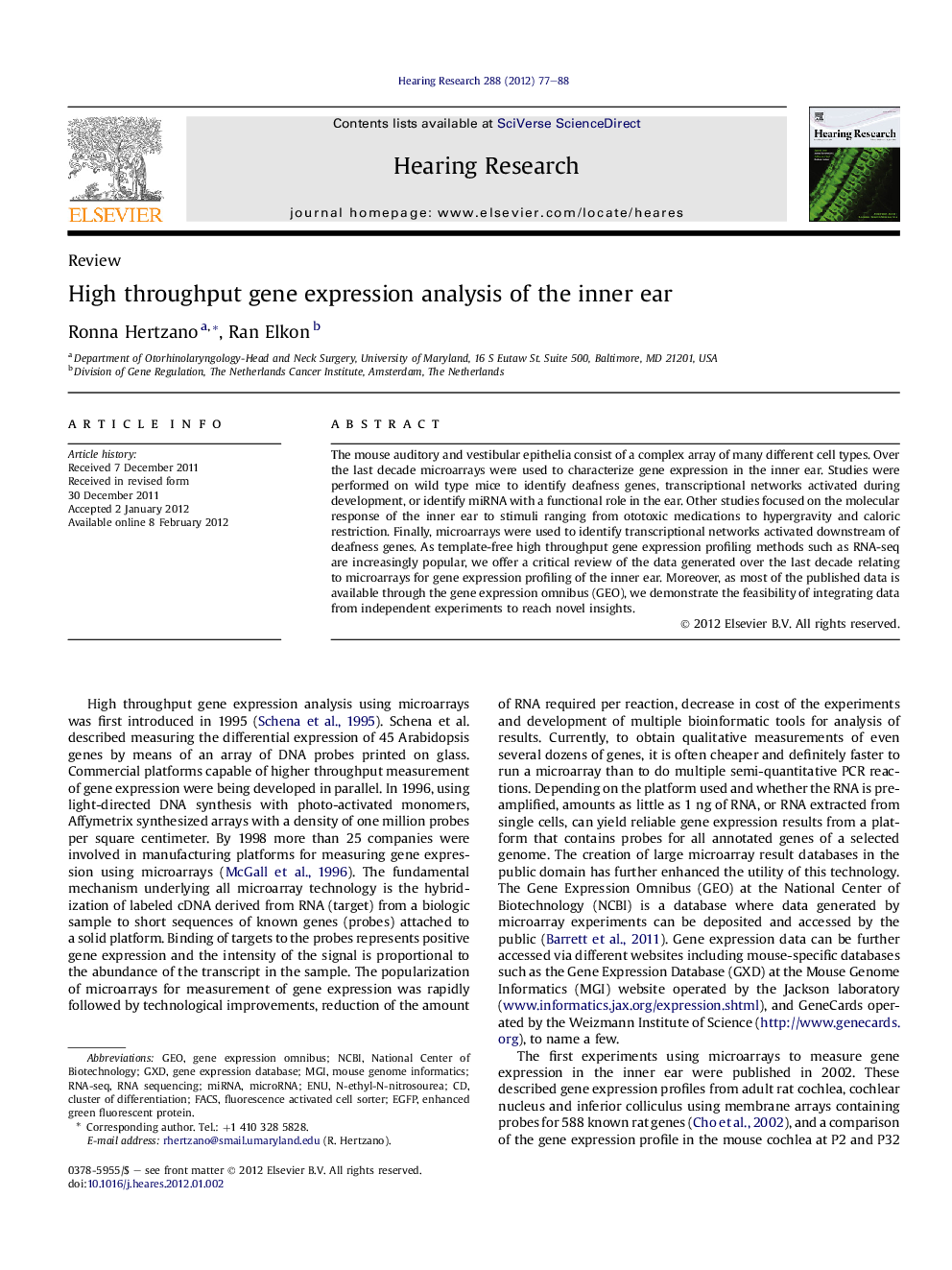 High throughput gene expression analysis of the inner ear