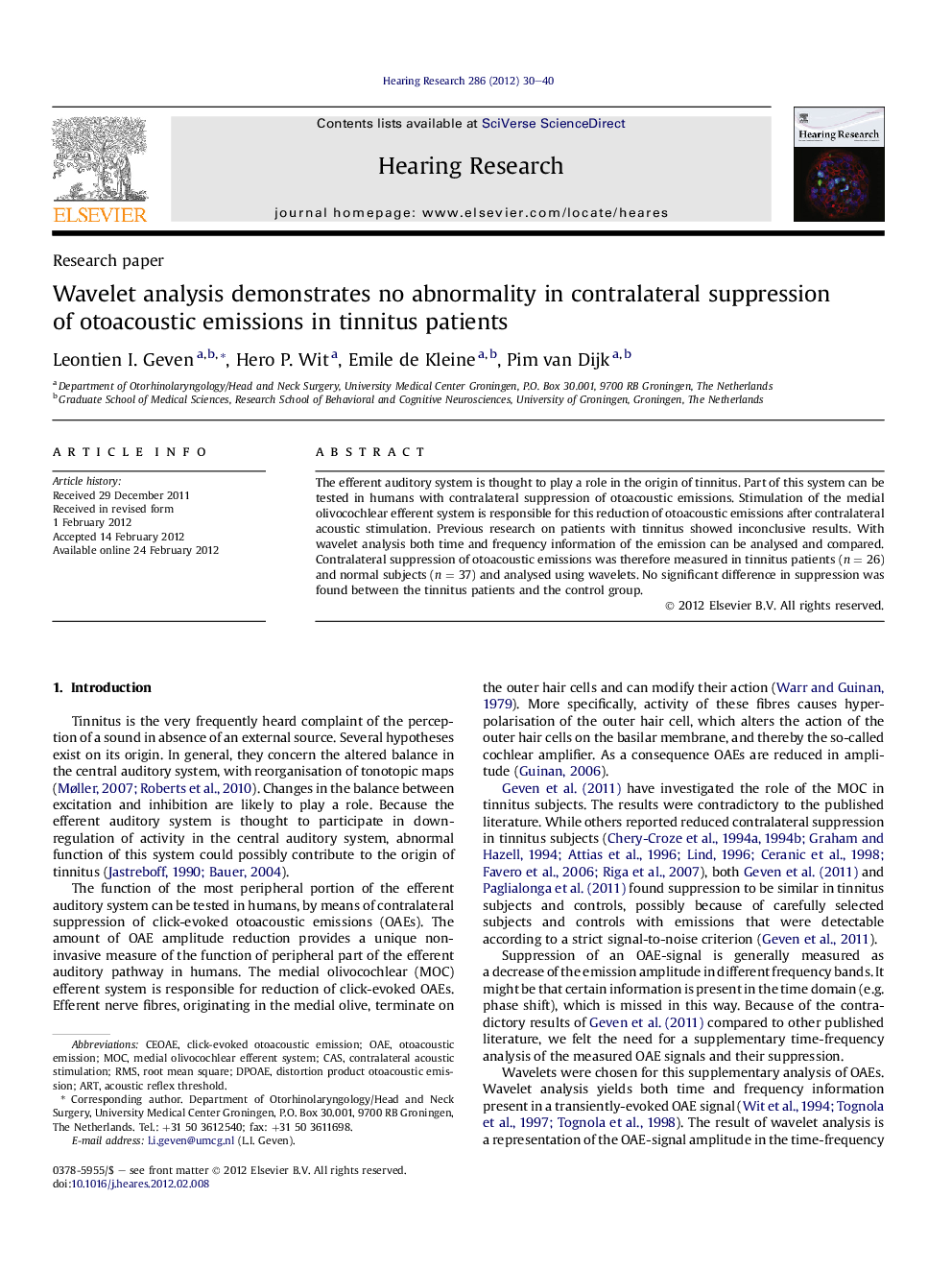 Wavelet analysis demonstrates no abnormality in contralateral suppression of otoacoustic emissions in tinnitus patients