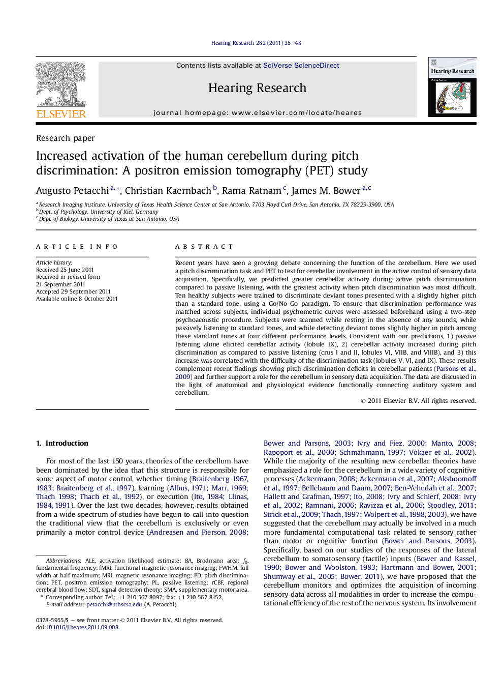 Increased activation of the human cerebellum during pitch discrimination: A positron emission tomography (PET) study