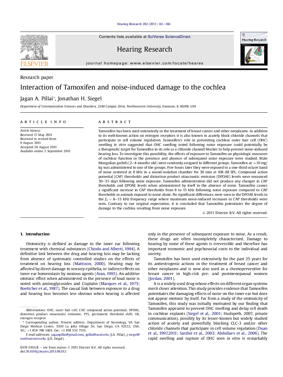 Interaction of Tamoxifen and noise-induced damage to the cochlea