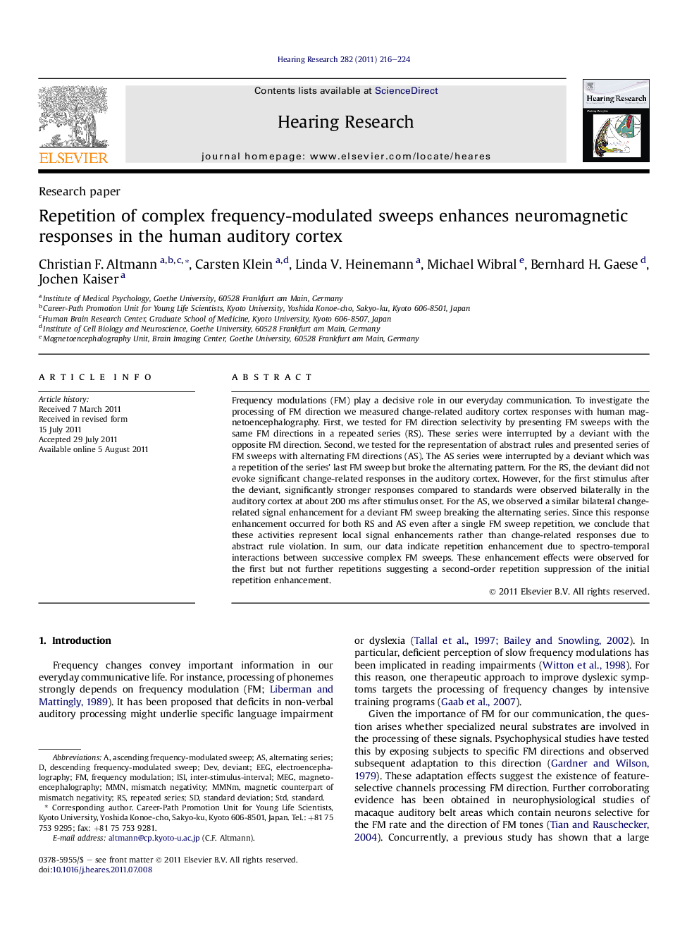 Repetition of complex frequency-modulated sweeps enhances neuromagnetic responses in the human auditory cortex