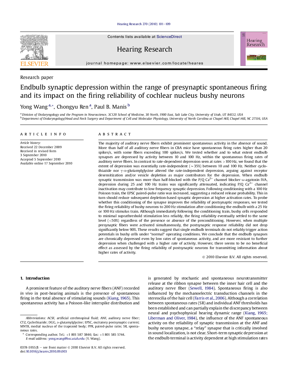 Endbulb synaptic depression within the range of presynaptic spontaneous firing and its impact on the firing reliability of cochlear nucleus bushy neurons