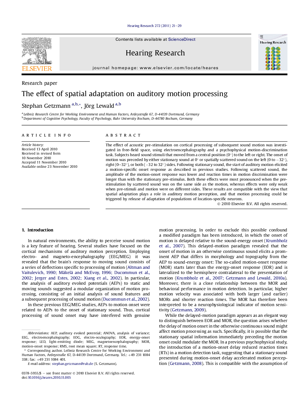 The effect of spatial adaptation on auditory motion processing