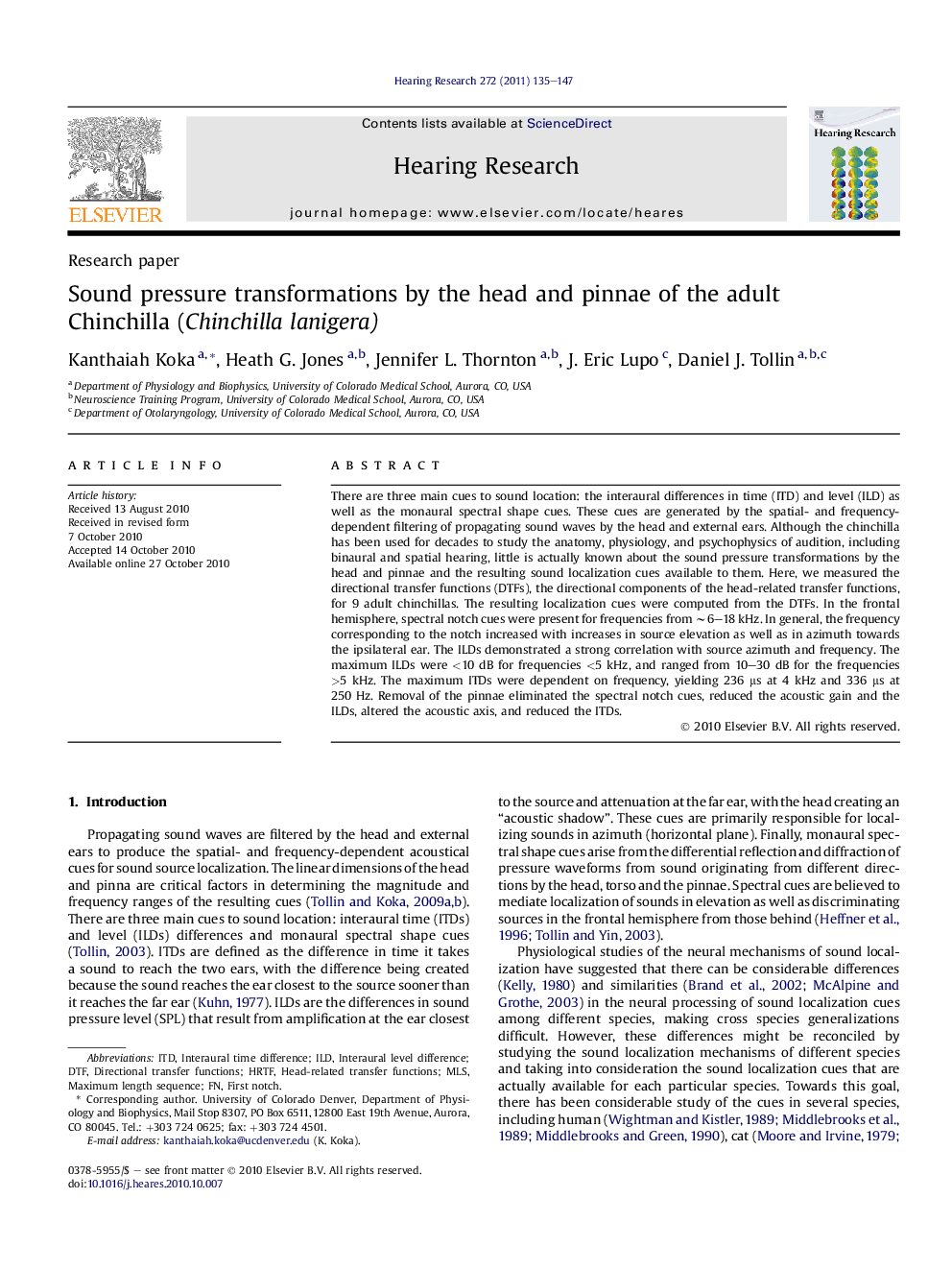 Sound pressure transformations by the head and pinnae of the adult Chinchilla (Chinchilla lanigera)